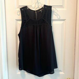 Sleeveless Black Dressy Blouse, Interesting Yoke, Size XL, Back Button, Classic